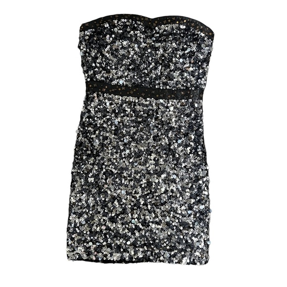 New Free People Gunmetal Black & Grey Sequins & Leather Strapless Mini Dress - Picture 6 of 15